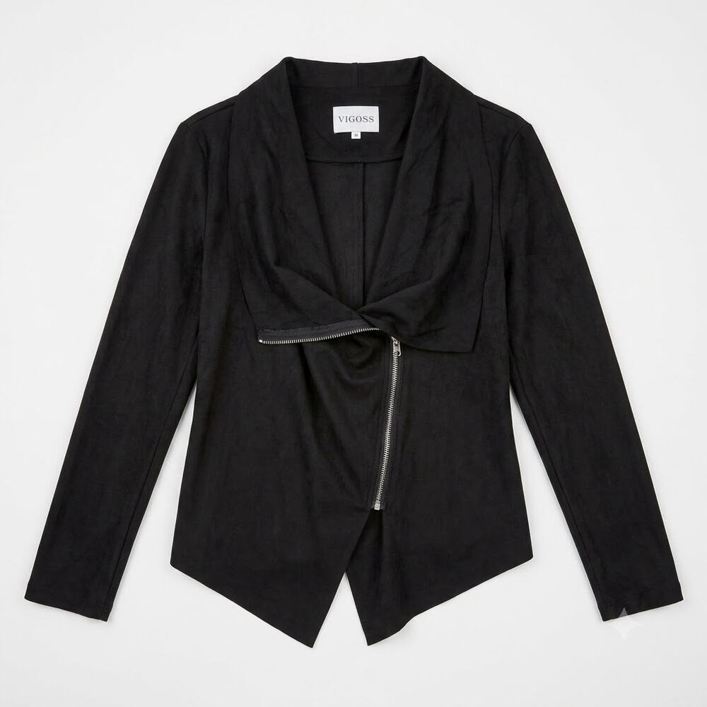 Vigoss Faux Suede Drapey Asymmetric Moto Zip Jacket Black Stretch Womens Medium